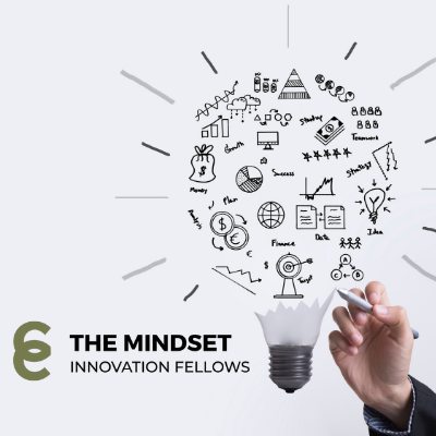 A hand drawing innovation-related icons within a lightbulb shape. Text: THE MINDSET INNOVATION FELLOW.